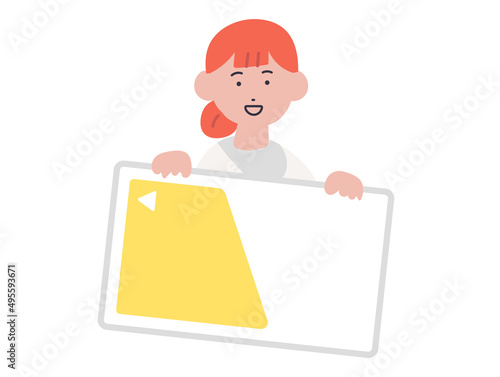 ICカードを手に持つ女性のイラスト