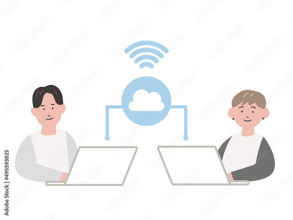 クラウドでデータを共有するビジネスパーソンのイラスト クラウドでデータを共有するビジネスパーソンのイラスト