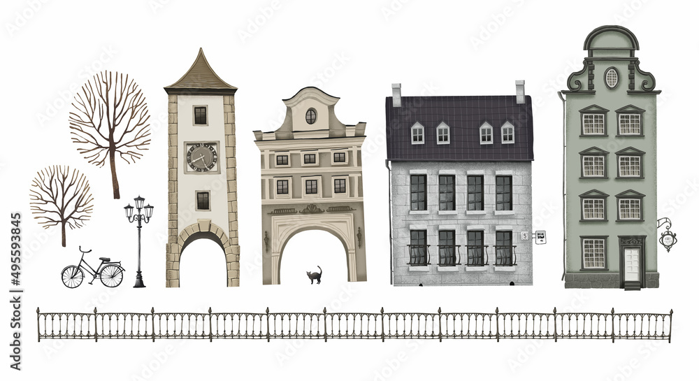 Set of urban landscape in vintage style. Facades of houses in a European city. White background. Stock illustration.