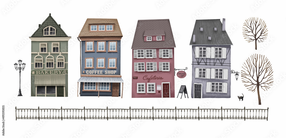 Set of urban landscape in vintage style. Facades of houses, shops and cafes in a European city. White background. Stock illustration.