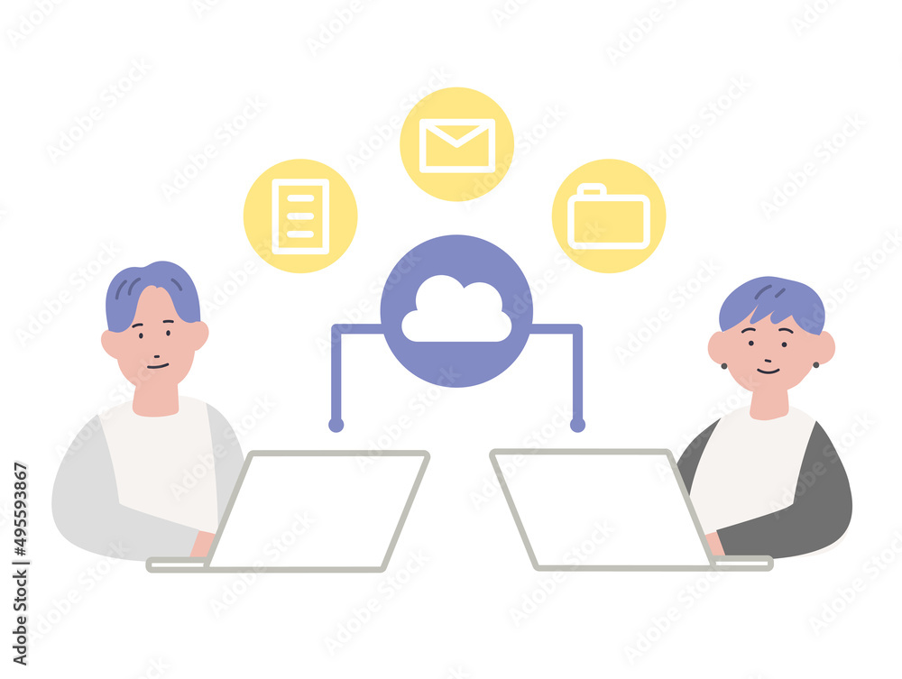 クラウドでデータを共有するビジネスパーソンのイラスト クラウドでデータを共有するビジネスパーソンのイラスト