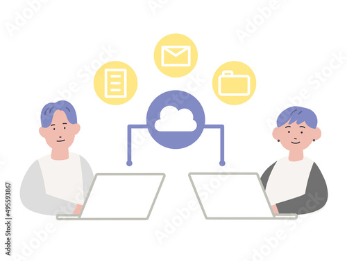 クラウドでデータを共有するビジネスパーソンのイラスト