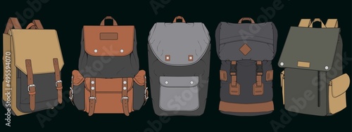 Set of Vector Colorful Backpacks. Backpacks for schoolchildren, students, travellers and tourists. Back to School rucksack flat vector illustrations isolated on white.
