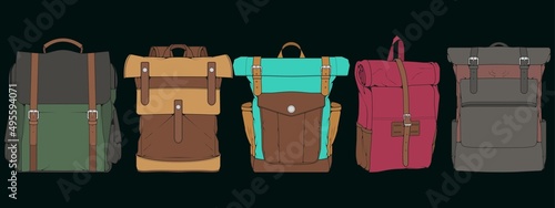 Set of Vector Colorful Backpacks. Backpacks for schoolchildren, students, travellers and tourists. Back to School rucksack flat vector illustrations isolated on white.
