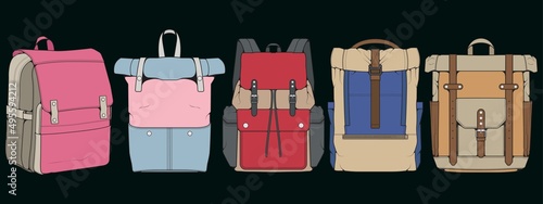 Set of Vector Colorful Backpacks. Backpacks for schoolchildren, students, travellers and tourists. Back to School rucksack flat vector illustrations isolated on white.
