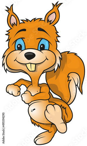 Orange Smiling Walking Squirrel from Front View - Colored Cartoon Illustration Isolated on White Background  Vector