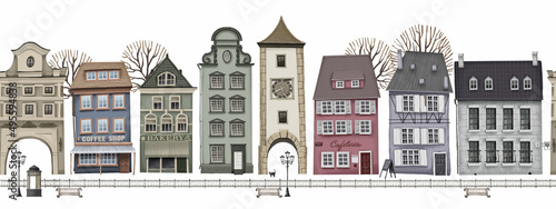 Seamless border of cute retro houses exterior. Collection of European building facades. Stock illustration.