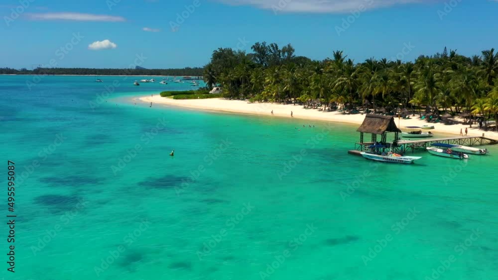 Mauritius, Trou aux Biches. Flight above the sea the beautiful Mauritian beach and Trou aux Biches resort Mauritius, Trou aux Biches. Flight above the sea the beautiful Mauritian beach and Trou aux Biches resort