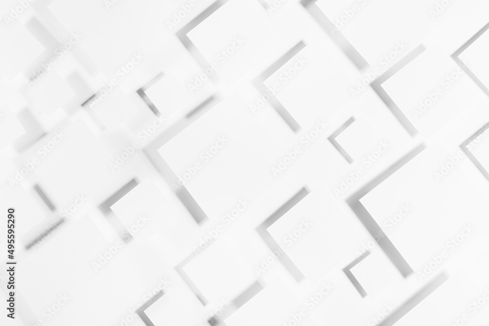 White geometric pattern of rhombuses in sunlight with soft light grey pockmarked volatile shadows, top view. Modern abstract background in futuristic style. White geometric pattern of rhombuses in sunlight with soft light grey pockmarked volatile shadows, top view. Modern abstract background in futuristic style.