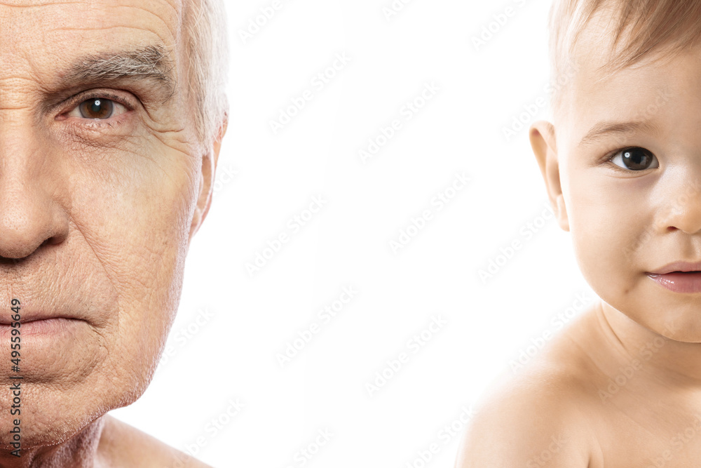 Elderly man and baby boy. Concept of rebirth and cycle of life. Elderly man and baby boy. Concept of rebirth and cycle of life.