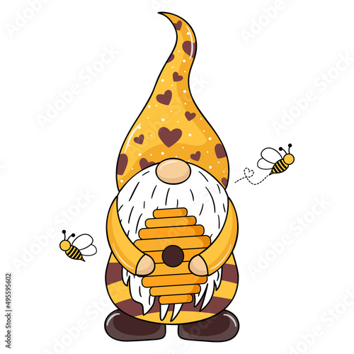 Gnome with hives in his hands. Dwarf bees. Garden gnome with beehive and bees. Honey farms. Bee species. Spring elves with hats. Vector illustration for kids.