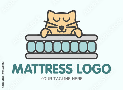 Cute logo of hybrid mattress with sleeping kitty. Twin Mattress funny emblem.