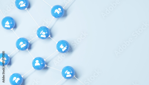 Connecting people and communication concept, social network. People icon connected together on blue background. Teamwork, 3d render. Copy space.