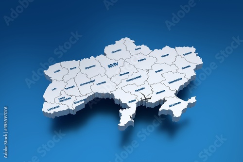 Stylish 3D map of Ukraine with regions and regional cities on blue background