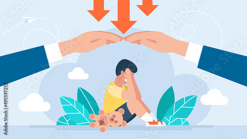 Social protection of children. Child safety care. Little boy sitting on the floor and crying. Child protection. Service for the Protection of Minors and Orphans. Flat style design. Vector illustration