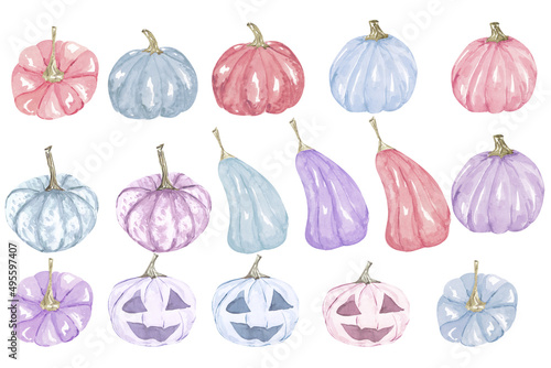 Watercolor Pastel pumpkins set illustration, Halloween pink, blue, violet pumpkins on white background © gingernatyart