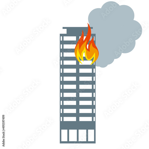 高層ビル、タワーマンションの火事のイラスト　アイコン　シルエット損害保険地震災害イメージ