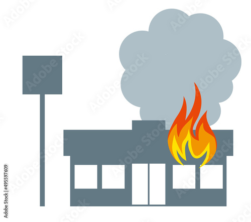 店舗、コンビニエンスストアの火災、火事のイラスト　アイコン　シルエット損害保険地震災害イメージ