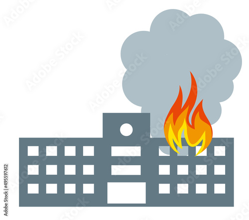 学校、ビルの家の火災、火事のイラスト　アイコン　シルエット損害保険地震災害イメージ