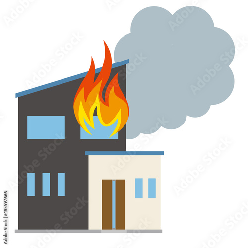 一戸建て　住居、家の火災、火事のイラスト　損害保険地震災害イメージ