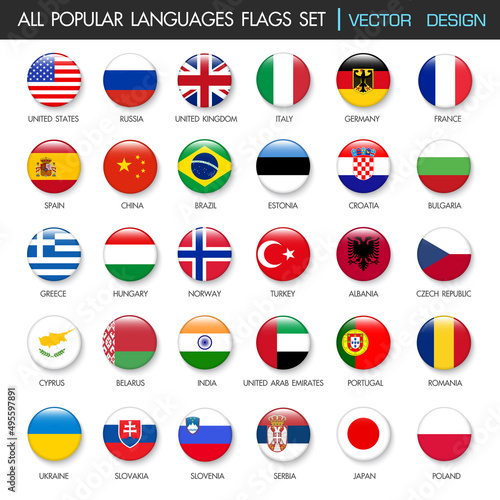 All Popular Languages flags Collection in botton stlye,vector design element illustration