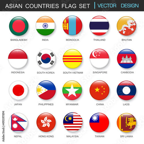 Asian Countries flags set and members in botton stlye,vector design element illustration