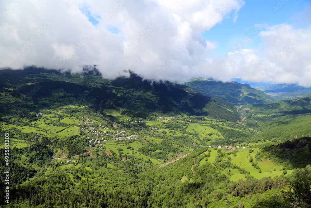Fototapeta premium mountains and villages surrounded by green forests.turkey