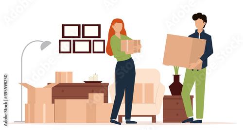 People moving into new house, family unpacking boxes. Cardboard Box with Various Things from House for Moving, Delivery Package Relocation.