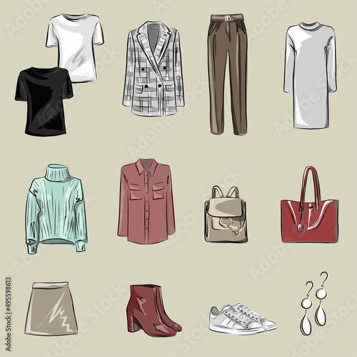 Capsule basic wardrobe for a woman. Minimalism. Fashion. Big cupboard. Wardrobe with a set of clothes on hangers and bags. Isolated vector objects.