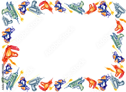 watercolour border with toy guns, fantastic weapons, space pistols, blasters, hand draw illustration