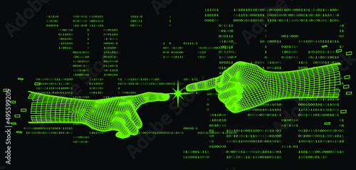Two 3D low-poly hands touching each other.
