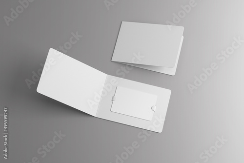 Blank white plastic card mockup inside paper booklet holder, 3d rendering. Clear foldable loyalty program brochure with certificate mockup. Loyal customer booklet envelope template.