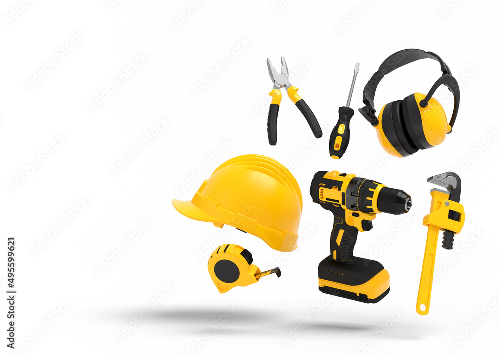 Flying view of yellow construction tools for repair on white