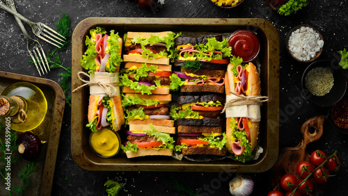 A set of homemade sandwiches with sausage, cutlet, lettuce, onions, tomatoes and vegetables. Rustic style. Free copy space.