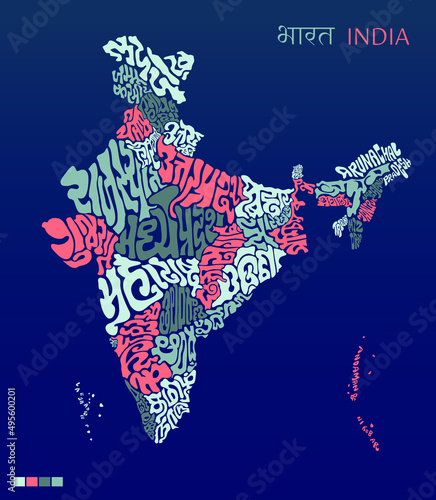 India map lettering with all indian state name in theirs state languages. India map typography.