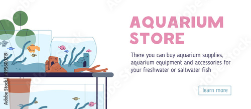Aquarium shop web-site template. Pet fish store, website background. Landing page with fishbowls. Advertising banner, webpage. Water animals, zoo homepage design. Colored flat vector illustration