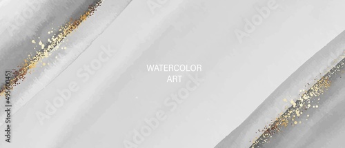 Horizontal background, business card, cover. Monochrome, black, white, grey watercolor texture with golden lines.