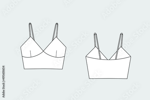 Female tank top, bra vector template isolated on a grey background. Front and back view. Outline fashion technical sketch of clothes model.
