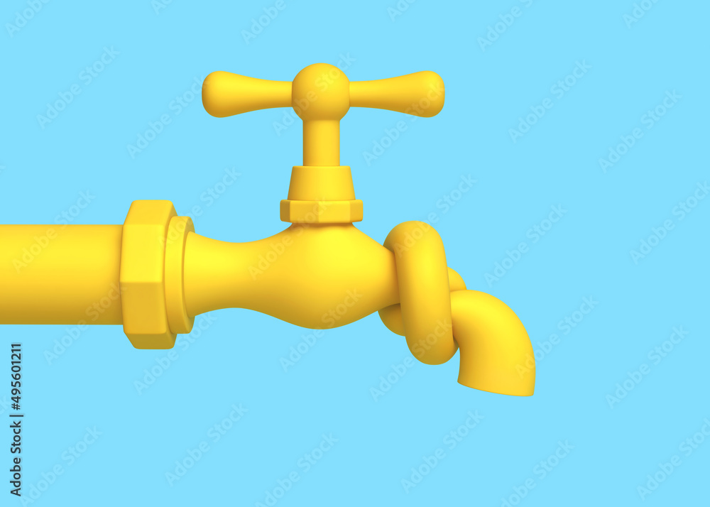 Water tap tied in knot isolated on blue. Economic sanctions concept. Clipping path included Water tap tied in knot isolated on blue. Economic sanctions concept. Clipping path included