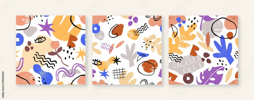 Abstract shapes patterns set. Seamless doodle textures with repeating creative print. Organic geometric background designs in modern trendy style. Isolated flat vector illustrations for textile, paper