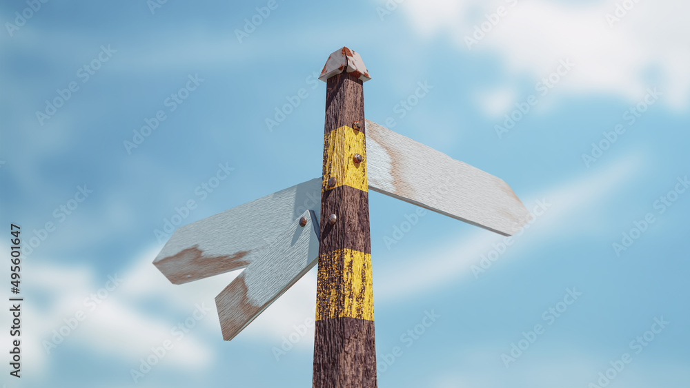 Empty signpost is made of old and dirty wood on sky background. 3D Render. Empty signpost is made of old and dirty wood on sky background. 3D Render.