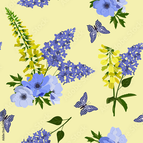 Vector pattern with anemone, lilac, field flowers and dragonflies on a green background.