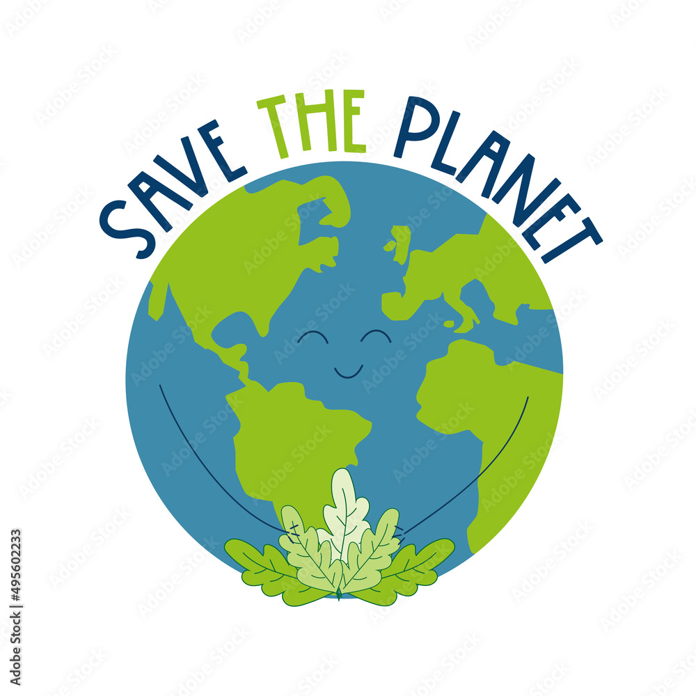 Save the Planet - cute smiley Planet Earth with leaves. Good for greeting card, poster, banner, label, and other gifts design. Save the Planet - cute smiley Planet Earth with leaves. Good for greeting card, poster, banner, label, and other gifts design.