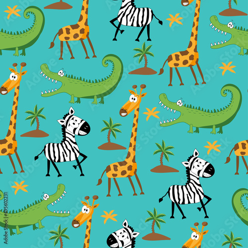 Safari seamless pattern - funny zebra  giraffe  and crocodile hand drawn vector illustartion. Good for Textile print  T shirt  poster  wrapping and wall paper design.