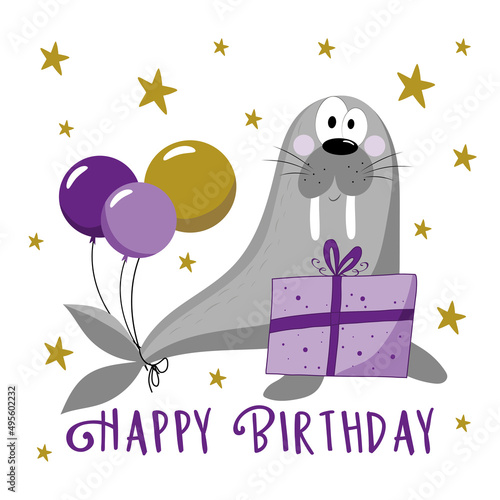 Happy Birthday - cute seal with Birthday present and balloons. Good for greeting, and invitation card, poster, label, and other gifts design.