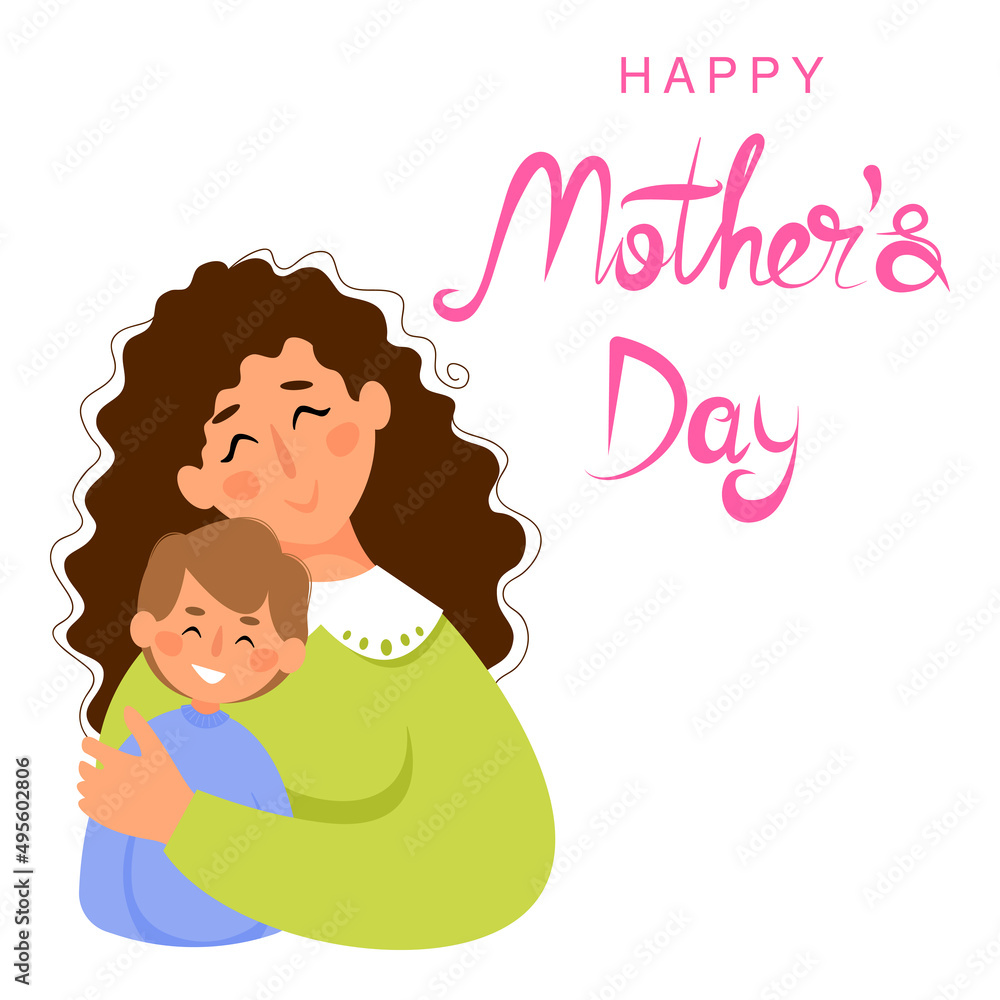 Happy Mother's Day vector greeting card. Mother hugging child son. Happy Mother's Day vector greeting card. Mother hugging child son.
