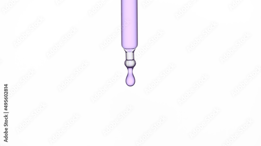 Macro shot of violet drop is dripping from chemical dropper on white background | Abstract face care lotion ingredients formulating concept Macro shot of violet drop is dripping from chemical dropper on white background | Abstract face care lotion ingredients formulating concept