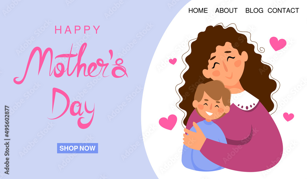 Happy Mother's Day vector banner. Mother hugging child son. Happy Mother's Day vector banner. Mother hugging child son.