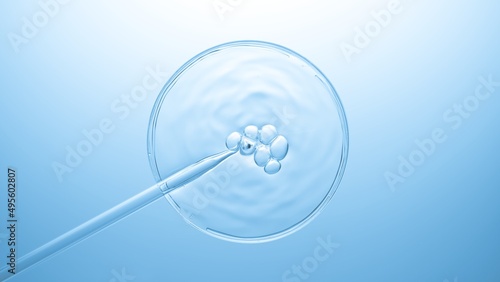 Wallpaper Mural Top view macro shot of air bubbles coming out from lab dropper and floating on the surface of transparent fluid in petri dish bursting on pale blue background | Abstract cosmetics formulating concept Torontodigital.ca