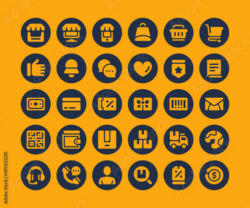 Simple set of 30 Ecommerce icons in circular glyph style
